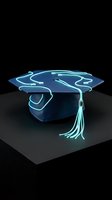 Glowing neon graduation cap with world map design on dark background representing global education and international academic achievement.