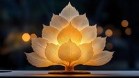 Glowing lotus flower lamp made from delicate skeleton leaves, creating warm ambient light against dark background with bokeh effect.