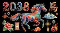 Colorful 2038 Chinese zodiac horse with decorative elements, isolated on transparent background. Ready for t-shirt design, clipart, stickers, print-on-demand, and sublimation projects.