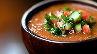 Homemade gazpacho soup served in rustic bowl with fresh cucumber, tomato, and parsley garnish. Cold Spanish tomato soup for summer dining and healthy cuisine.