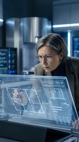 Middle-aged woman with gray hair and glasses wearing business suit working with holographic display in modern tech laboratory environment with blue lighting.