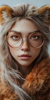 Close up portrait of young Caucasian woman with freckles wearing round glasses and furry winter hood, natural makeup and amber eyes looking directly at camera.