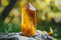 Natural citrine crystal point on stone with green bokeh background, sunlit golden yellow quartz mineral specimen displaying healing properties and metaphysical energy.