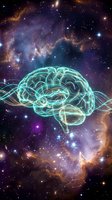 Glowing brain with neural pathways floating in cosmic space nebula with stars for neuroscience and consciousness concepts.