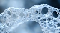 Microscopic view of bone tissue structure showing porous trabecular architecture in cool blue tones. Medical science visualization highlights natural cellular patterns.