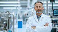 Confident mature male scientist with gray hair and beard wearing white lab coat standing with arms crossed in modern research laboratory facility.