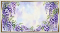 Watercolor wisteria flowers frame with purple blooms and green leaves on soft pastel background for spring wedding invitations and floral designs.