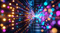 Vibrant light burst with colorful bokeh effect radiating from center point, featuring blue, pink, and orange glowing particles in dark background. Abstract design element.