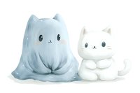 Adorable cartoon ghost cat and white kitten sitting together, illustrated in soft watercolor style for children's books or nursery decor.