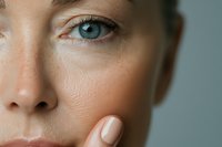 Close up macro shot of Caucasian woman's blue eye and partial face showing natural skin texture, pores and minimal makeup in soft daylight against blurred background.