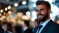 Confident bearded businessman smiling at corporate event with bokeh lights background. Professional male executive in suit at networking gathering.