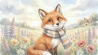 Adorable orange fox wearing striped scarf sits in wildflower meadow with cottage background, watercolor illustration for children's books and nursery decor.