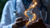 Glowing DNA helix floating between doctor's hands against medical background, sparkling genetic structure with orange light particles and blue tones.