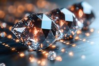Sparkling diamonds with orange bokeh lights on dark reflective surface, macro photography showing luxury jewelry details and brilliant cut facets in soft focus.