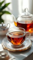 Glass cup of freshly brewed black tea with teapot in soft morning light. Natural shadows and warm amber liquid create cozy atmosphere for tea ceremony.