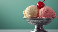 Two scoops of vanilla and strawberry ice cream in ornate glass bowl topped with maraschino cherry against mint green background for dessert menu designs.