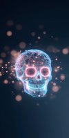 Glowing neon skull with network connections and particles floating in dark space, pink and blue holographic effect creates ethereal atmosphere.