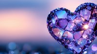Glowing crystal heart shape with purple and blue illumination against soft bokeh background creates romantic atmosphere for Valentine's Day designs.