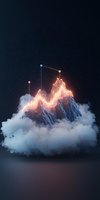 Glowing mountain peaks with data visualization lines emerging from clouds against dark background, representing business analytics or digital transformation.