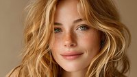 Young blonde woman with wavy hair and freckles smiling at camera against warm beige background for beauty and lifestyle content.