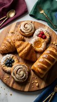Assorted fresh pastries on wooden board with croissants, cinnamon rolls and fruit tarts for breakfast bakery display with golden cutlery and colorful napkins.