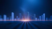 Futuristic city skyline silhouette with glowing light rays and perspective grid lines against dark blue background, modern urban landscape at night.