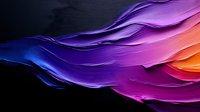 Vibrant flowing abstract waves in purple, blue, and orange create dynamic motion against dark background, featuring smooth gradients and layered organic shapes.