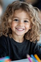 Young child with curly blonde hair wearing black shirt smiles brightly while doing homework or drawing with colorful pencils, capturing genuine joy and innocence.