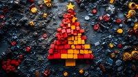 Abstract Christmas tree made from red and orange geometric cubes on dark textured background with scattered decorative elements and glowing lights.