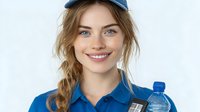 Young Caucasian woman athlete in blue sportswear holding water bottle after workout, smiling at camera with healthy lifestyle concept for fitness marketing.