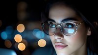 Young woman in glasses with glowing blue eyes against dark background with blurred bokeh lights creating mysterious atmospheric portrait.