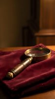 Vintage magnifying glass with brass handle resting on burgundy velvet fabric against warm wooden surface, suitable for detective, mystery, antique, and investigation themed projects.