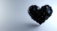 Dark crystalline heart shape with glowing edges floating against light background, geometric low poly design with connected points creating modern romantic symbol.