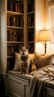 Small terrier dog sitting on cozy reading nook bench with built-in bookshelf, warm lamp lighting and soft blankets creating comfortable home library atmosphere.