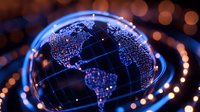 Digital world map glowing with blue light points and network connections on dark background with bokeh effect, representing global technology and connectivity.