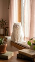 Fluffy white cat sitting on wooden windowsill with pink curtains, potted plants, and books nearby, bathed in natural sunlight for home decor.