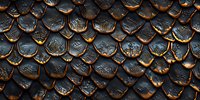 Dark metallic dragon scales with glowing copper edges create dramatic fantasy texture pattern, perfect for game design backgrounds and mythical creature concepts.
