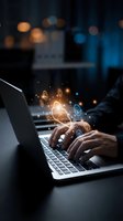 Businessman hands typing on laptop with glowing digital icons and network connections in modern office environment for technology and communication concepts.