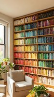 Cozy reading nook with floor-to-ceiling rainbow bookshelf organized by color, comfortable armchair and houseplants creating warm home library atmosphere.