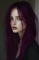 Young woman with vibrant purple hair, freckled skin, and striking blue eyes gazing thoughtfully in soft natural light, wearing dark clothing.