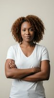 Confident African American woman with curly hair in white v-neck shirt crossing arms, smiling at camera against neutral background for business portraits.