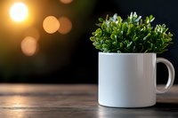 Green artificial plant in white ceramic mug on wooden surface with warm bokeh background and sunset glow creates cozy atmosphere for home decor styling.