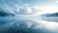 Ethereal misty lake landscape at dawn with mirror-like water surface reflecting dramatic clouds and soft sunlight in calming blue tones. Minimalist nature scene.