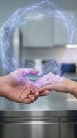 Hands holding glowing geometric network structure with connected lines and nodes representing digital technology, innovation and futuristic connectivity concepts.