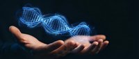 Human hands holding glowing blue DNA double helix structure in digital holographic form against dark background for biotechnology and genetic research concepts.