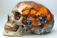 Artistic human skull with amber and crystal geode formation emerging from cranium side view on neutral background, anatomical sculpture concept.