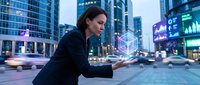 Young woman with dark hair and South Asian ethnicity wearing professional black blazer, leaning forward with hand extended toward holographic digital interface in modern urban downtown setting with illuminated skyscrapers and neon signs at dusk.