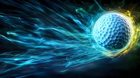 Glowing golf ball with dynamic blue and yellow light trails against dark background, creating motion effect for sports and competition designs.
