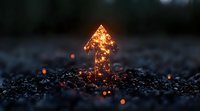 Glowing arrow made of fire embers rising from dark ground with bokeh sparks, symbolizing growth, success and upward momentum in business concept.