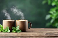 Two brown ceramic cups with hot steaming beverage on rustic wooden table decorated with fresh mint leaves against blurred green garden background.